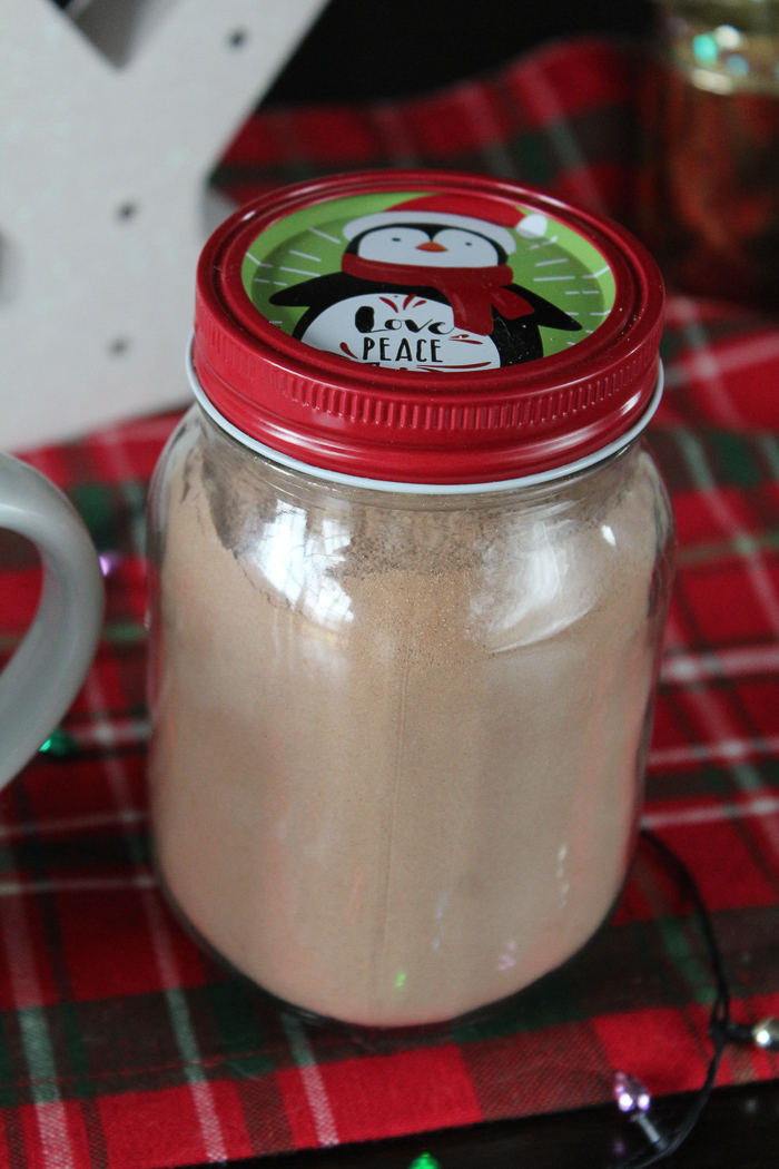 Homemade Hot Chocolate in festive jars found at the Dollar Store