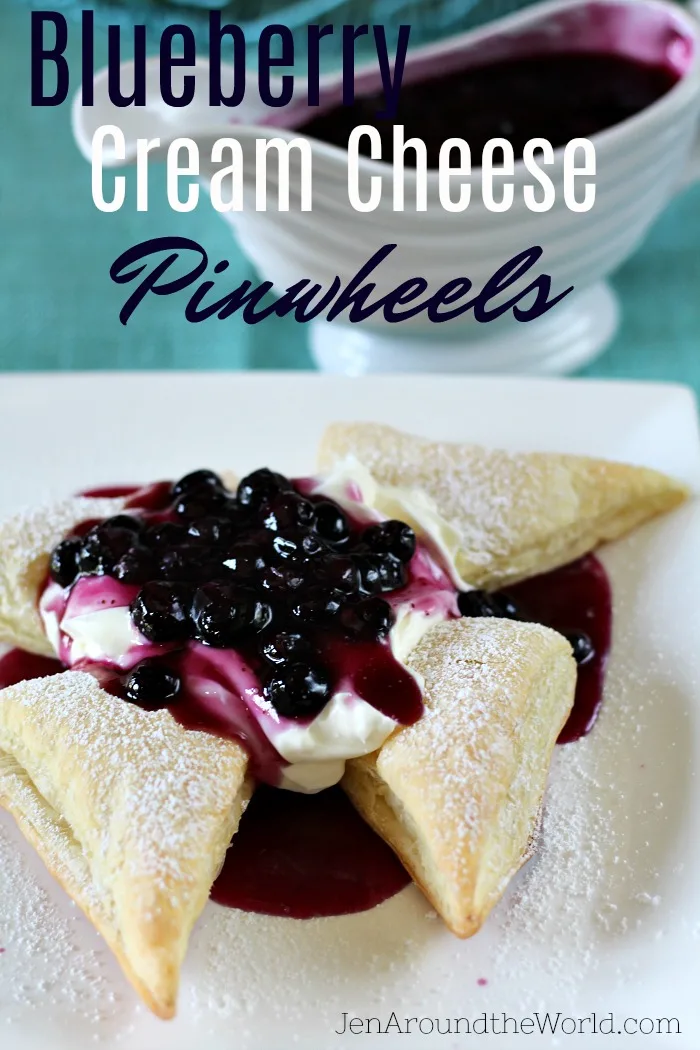 The perfect summer dessert. Light pinwheel topped with cream cheese and a fresh blueberry sauce