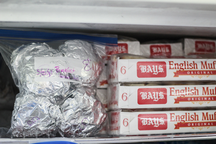 inside the freezer look of breakfast sandwiches and bays English muffins