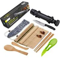 Sushi Making Kit - All In One Sushi Bazooka Maker with Bamboo Mats, Bamboo Chopsticks, Avocado Slicer, Paddle,Spreader,Sushi Knife, Chopsticks Holder, Cotton Bag - DIY Sushi Roller Machine - Black
