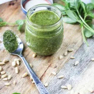 up close shot of basil pesto