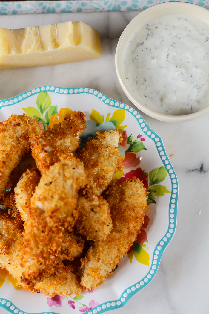 Baked Garlic Parmesan Chicken Fingers with Lemon Yogurt Dipping Sauce