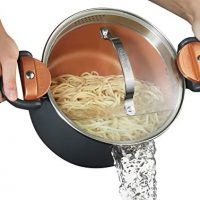 Gotham Steel 5 Quart Multipurpose Pasta Pot with Strainer Lid & Twist and Lock Handles, Nonstick Copper Surface Makes for Effortless Cleanup with Tempered Glass Lid, Dishwasher Safe