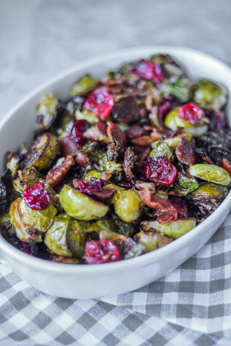 Roasted Brussel Sprouts with Pecans, Bacon and Cranberries