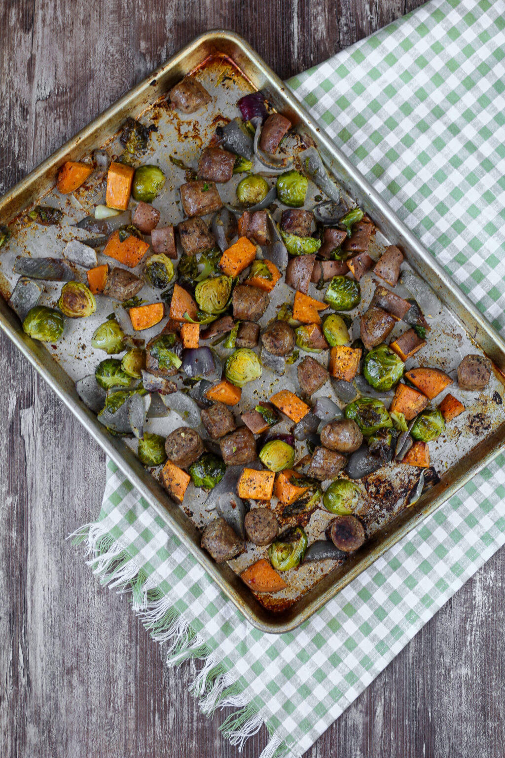 One Pan Andouille Sausage with Sweet Potatoes and Brussel Sprouts