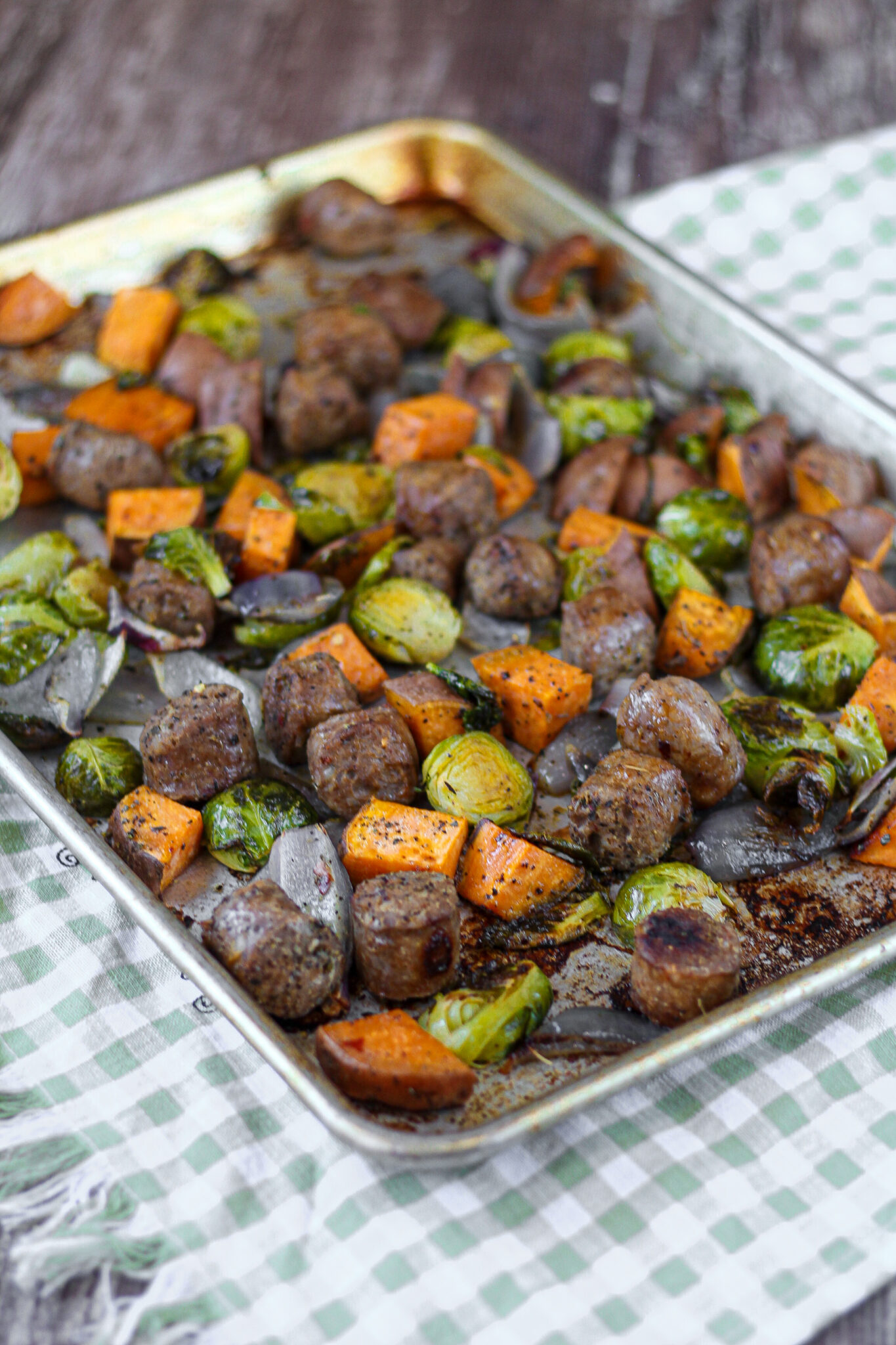 One Pan Andouille Sausage with Sweet Potatoes and Brussel Sprouts