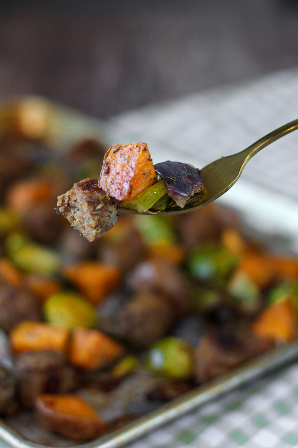 One Pan Andouille Sausage with Sweet Potatoes and Brussel Sprouts
