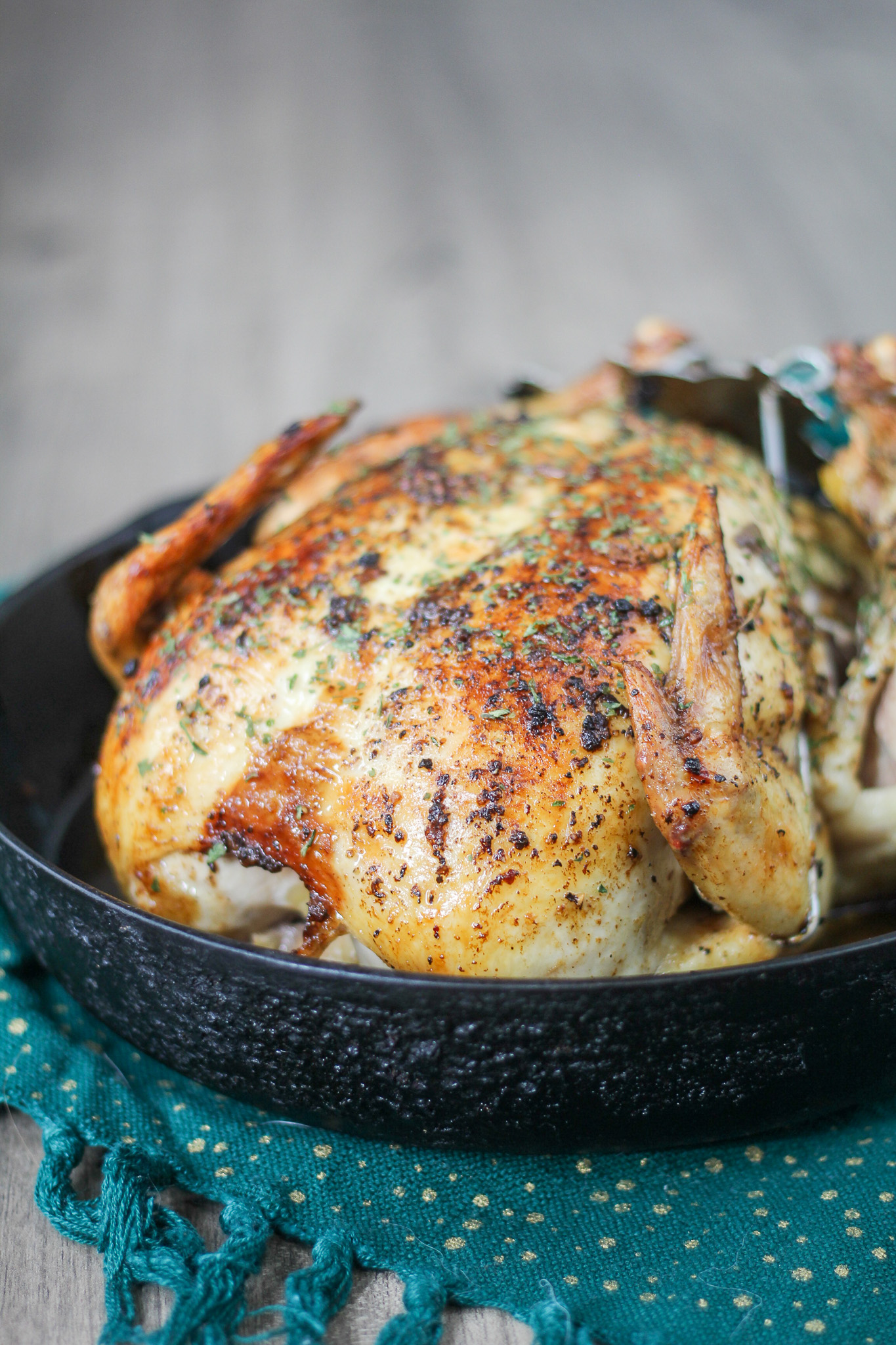 Roasted chicken in cast iron pan