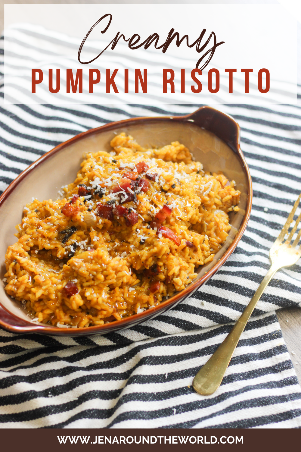 Creamy pumpkin risotto in a brown bowl topped with Parmesan cheese and fresh herbs