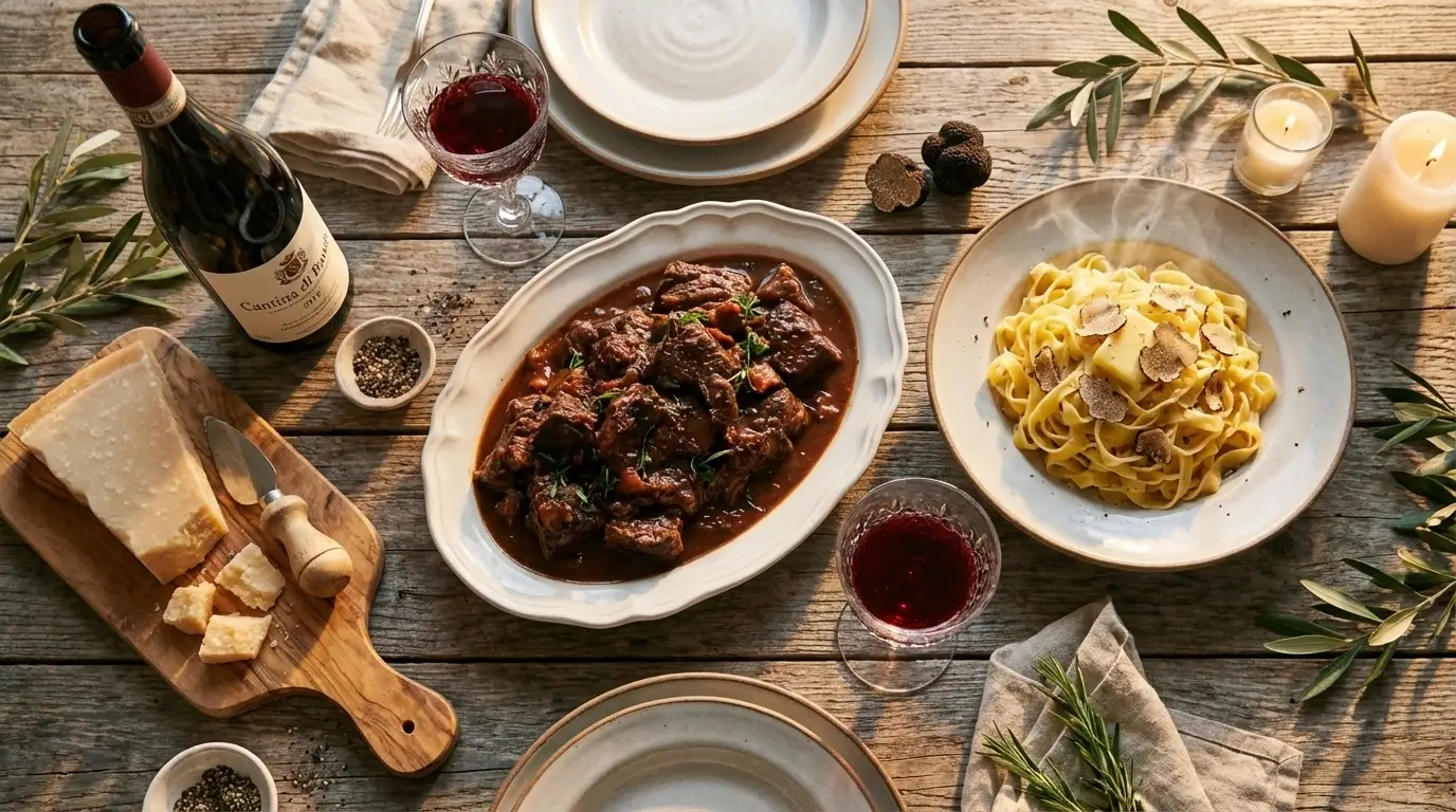 barolo wine paired with braised beef and truffle pasta on a rustic italian table