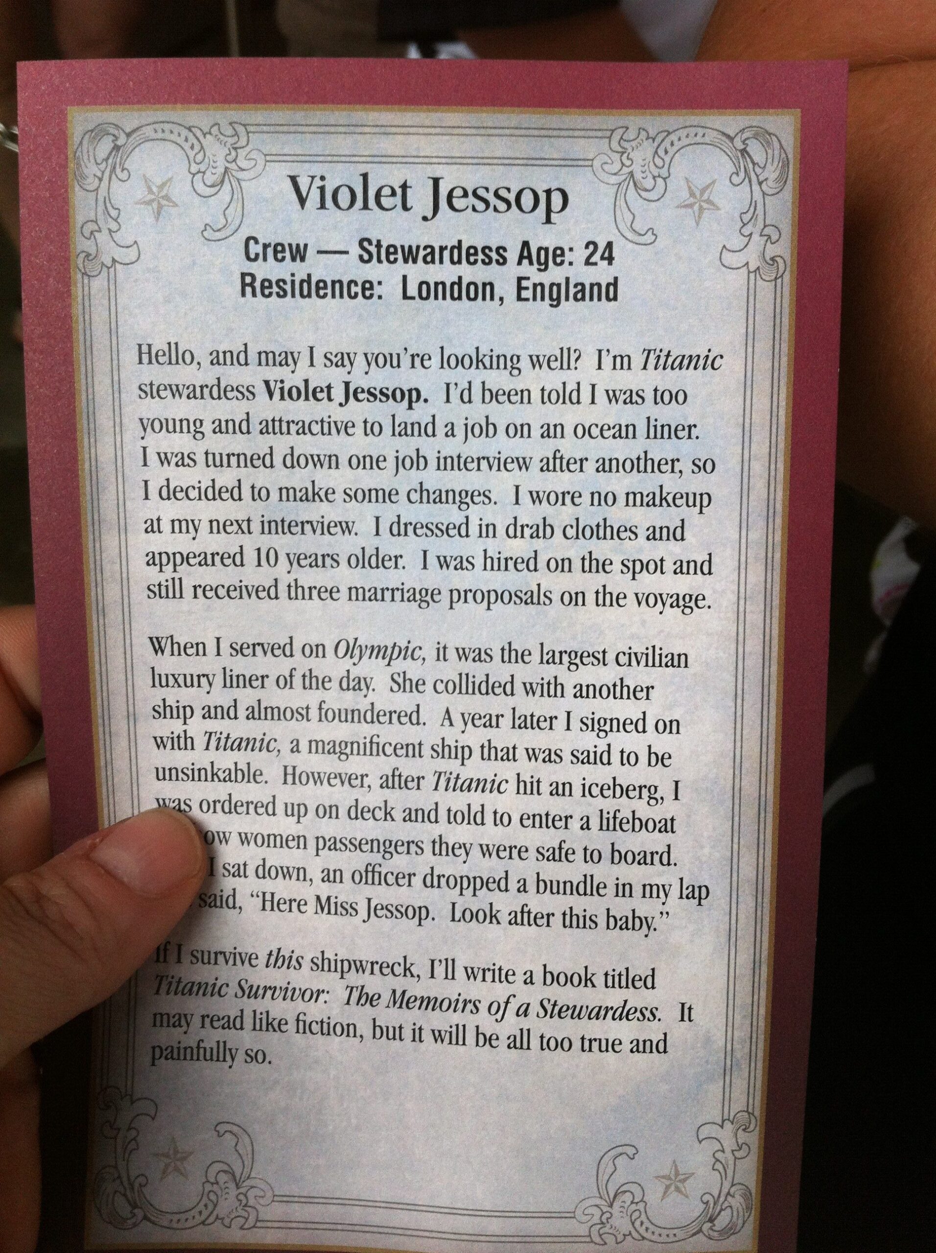 crew member card on Titanic