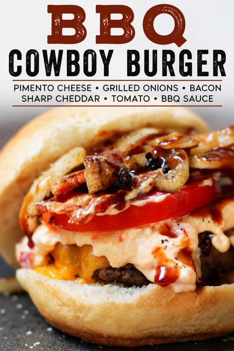 BBQ Cowboy Burger with Pimento Cheese, Bacon, and Grilled Onions